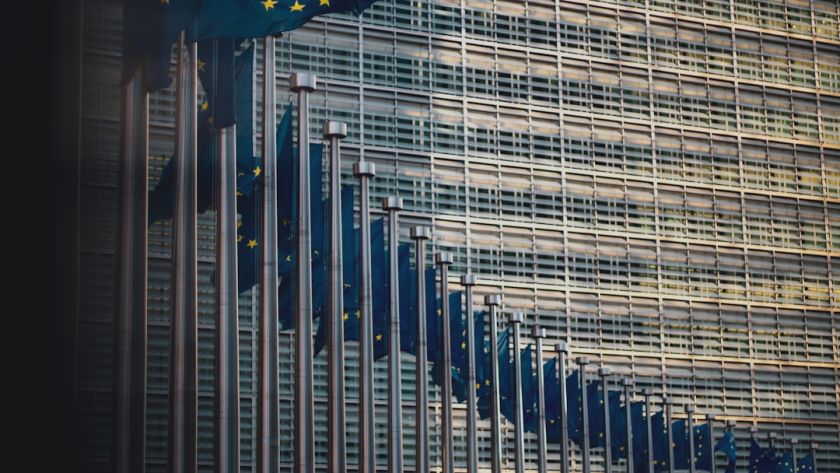 Flags of the member states of the European Union in front of the EU-commission building "Berlaymont" in Brussels, Belgium