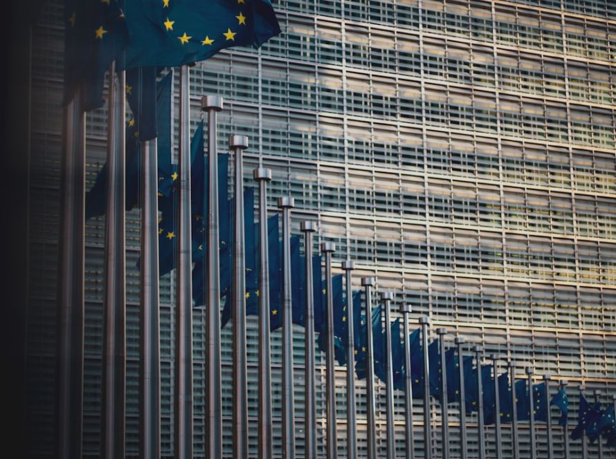 Flags of the member states of the European Union in front of the EU-commission building "Berlaymont" in Brussels, Belgium