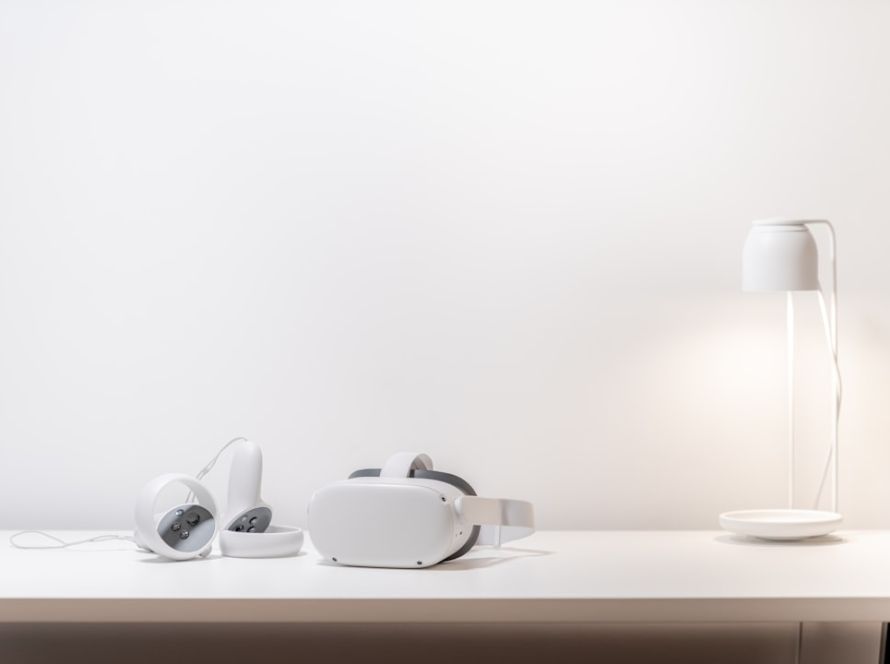 oculus quest 2 on white desk with lamp